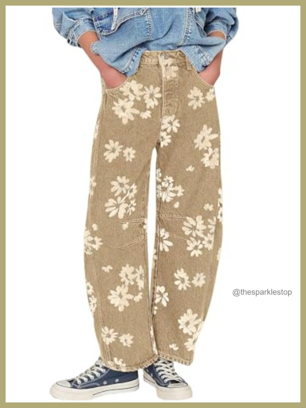 Retro Floral Print Barrel Jeans Mid Rise Wide Leg Baggy Boyfriend Denim Pants